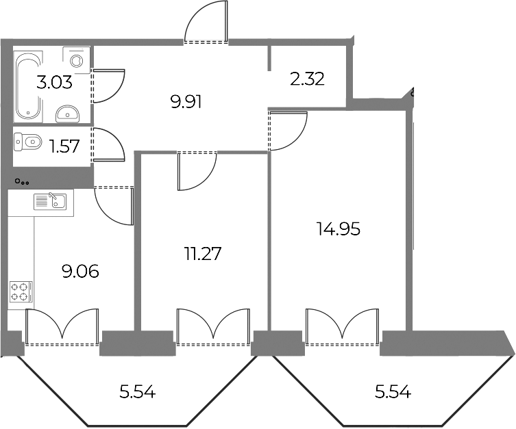 2-комнатная квартира 55.43 м², 13/18 эт., ЖК «Огни Залива»